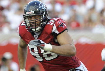 TAMPA, FL - SEPTEMBER 14: Defensive end Jamaal Anderson #98  of the Atlanta Falcons rushes upfield against the Tampa Bay Buccaneers at Raymond James Stadium on September 14, 2008 in Tampa, Florida.  The Buccaneers defeated the Falcons 24-9. (Photo by Al Messerschmidt/Getty Images)