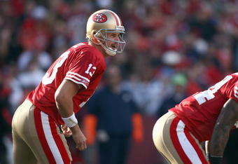 SAN FRANCISCO - DECEMBER 28:  Quarterback Shaun Hill #13of the San Francisco 49ers yells the play during the game against the Washington Redskins at Candlestick Park on December 28, 2008 in San Francisco, California. (Photo by: Jonathan Ferrey/Getty Images)
