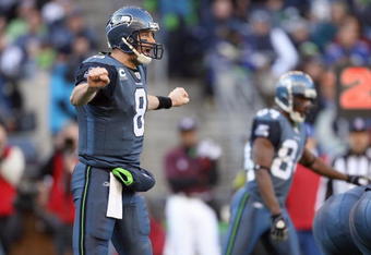 SEATTLE - NOVEMBER 23:  Quarterback Matt Hasselbeck #8 the Seattle Seahawks calls the play during the game against the Washington Redskins on November 23, 2008 at Qwest Field in Seattle, Washington. (Photo by Otto Greule Jr/Getty Images)