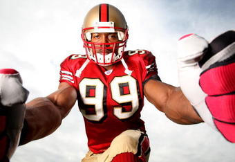 SANTA CLARA, CA - APRIL 02:  Linebacker Manny Lawson #99 of the San Francisco 49ers poses for a portrait session on April 2, 2008 in Santa Clara, California.  (Photo by Jed Jacobsohn/Getty Images)  
