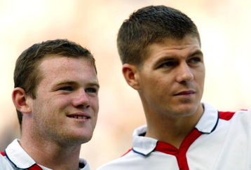 MIDDLESBROUGH - JUNE 11:  Wayne Rooney and Steven Gerrard of England look on during the UEFA European Championships 2004 Group 7 Qualifying match between England and Slovakia held on June 11, 2003 at the Riverside Stadium, in Middlesbrough, England. England won the match 2-1. (Photo by Gary M. Prior/Getty Images)