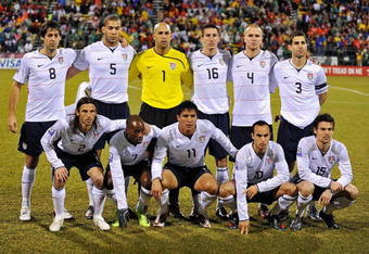 COLUMBUS, OH - FEBRUARY 11:  U.S. Men's National Team poses for a photo before the game against Mexico  during a FIFA 2010 World Cup qualifying match in the CONCACAF region on February 11, 2009 at Columbus Crew Stadium in Columbus, Ohio. Top Row L-R: Clint Dempsey #8, Oguchi Onyewu #5, Tim Howard #1, Sacha Kljestan #16, Michael Bradley #4, Carlos Bocanegra #3; Bottom Row L-R: Frankie Hejduk #2, DaMarcus Beasley #7, Brian Ching #11, Landon Donovan #10, Heath Pearce #15. (Photo by Jamie Sabau/Getty Images)