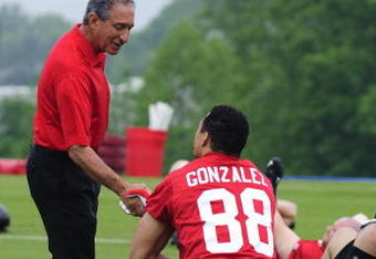 FLOWERY BRANCH, GA - MAY 9: Owner Arthur Blank of the Atlanta Falcons shakes hands with tight end Tony Gonzalez #88 during minicamp at the Falcons Complex on May 9, 2009 in Flowery Branch, Georgia.  (Photo by Paul Abell/Getty Images)