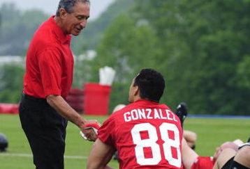 FLOWERY BRANCH, GA - MAY 9: Owner Arthur Blank of the Atlanta Falcons shakes hands with tight end Tony Gonzalez #88 during minicamp at the Falcons Complex on May 9, 2009 in Flowery Branch, Georgia.  (Photo by Paul Abell/Getty Images)