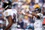 SAN DIEGO - NOVEMBER 25:  Quarterback Kyle Boller #7 of the Baltimore Ravens directs his teammates against the San Diego Chargers during their NFL Game at Qualcomm Stadium November 25, 2007 in San Diego, California.  (Photo by Donald Miralle/Getty Images)