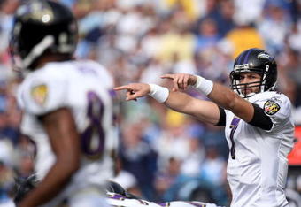 SAN DIEGO - NOVEMBER 25:  Quarterback Kyle Boller #7 of the Baltimore Ravens directs his teammates against the San Diego Chargers during their NFL Game at Qualcomm Stadium November 25, 2007 in San Diego, California.  (Photo by Donald Miralle/Getty Images)