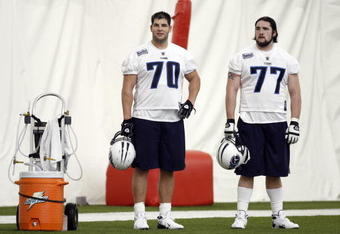 NASHVILLE, TN - MAY 1: Troy Kropog #70 and Ryan Durand #77 of the Tennessee Titans take a break in the action during the Tennessee Titans Minicamp on May 1, 2009 at Baptist Sports Park in Nashville, Tennessee. (Photo by Joe Murphy/Getty Images)