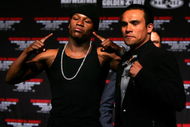 LAS VEGAS - MAY 02: (L-R) Boxer Floyd Mayweather Jr. poses with boxer Juan Manuel Marquez of Mexico during a news conference announcing the return of Mayweather Jr. to the ring and his upcoming fight against Marquez on July 18 during the news conference at the Hollywood Theatre in the MGM Grand Hotel/Casino May 2, 2009 in Las Vegas, Nevada. (Photo by Al Bello/Getty Images)