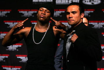 LAS VEGAS - MAY 02:  (L-R) Boxer Floyd Mayweather Jr. poses with boxer Juan Manuel Marquez of Mexico during a news conference announcing the return of Mayweather Jr. to the ring and his upcoming fight against Marquez on July 18 during the news conference at the Hollywood Theatre in the MGM Grand Hotel/Casino May 2, 2009 in Las Vegas, Nevada.  (Photo by Al Bello/Getty Images)