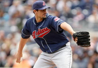 NEW YORK - APRIL 19:  Carl Pavano #44 of the Cleveland Indians pitches against the New York Yankees at Yankee Stadium on April 19, 2009 in the Bronx borough of New York City.  (Photo by Ezra Shaw/Getty Images)