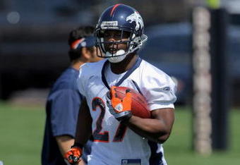 ENGLEWOOD, CO - MAY 03:  First round draft pick running back Knowshon Moreno #27 of Denver Broncos participates in practice at minicamp at the Broncos training facility on May 3, 2009 in Englewood, Colorado.  (Photo by Doug Pensinger/Getty Images)