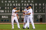 BOSTON - APRIL 26: Jacoby Ellsbury #46, J.D. Drew #7, and Jonathan Van Every of the Boston Red Sox celebrate a 4-1 win against the New York Yankees at Fenway Park April 26, 2009 in Boston, Massachusetts. (Photo by Jim Rogash/Getty Images)