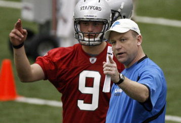 ALLEN PARK, MI - MAY 01:  Offensive coordinator Scott Linehan of the Detroit Lions talks with Matthew Stafford #9 during rookie orientation camp at the Detroit Lions Headquarters and Training Facility on May 1, 2009 in Allen Park, Michigan.  (Photo by Gregory Shamus/Getty Images)