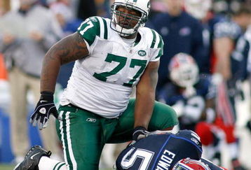 ORCHARD PARK, NY - NOVEMBER 02: Kris Jenkins #77 of the New York Jets gets up after sacking Trent Edwards #5 of the Buffalo Bills  on November 2, 2008 at Ralph Wilson Stadium in Orchard Park, New York. New York won 26-17.  (Photo by Rick Stewart/Getty Images)