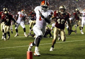 TALLAHASSEE, FL - SEPTEMBER 16:  Running back James Davis #1 of the Clemson Tigers runs for the corner of the end zone to score a touchdown in the first quarter against the Florida State Seminoles at Doak Campbell Stadium on September 16, 2006 in Tallahassee, Florida.  (Photo by Doug Benc/Getty Images)