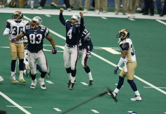 03 Feb 2002:   Adam Vinatieri #4 of the St.Louis Rams breaks into celebration after kicking the game winning field goal against the St.Louis Rams during Superbowl XXXVI at the Superdome in New Orleans, Louisiana.  The Patriots defeated the Rams 20-17. DIGITAL IMAGE. Mandatory Credit: Al Bello/Getty Images