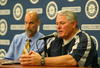 SEATTLE - JULY 01:  Manager Mike Hargrove #21 of the Seattle Mariners announces his resignation as General Manager Bill Bavasi looks on prior to a game against the Toronto Blue Jays July 1, 2007 at Safeco Field in Seattle, Washington. Bench coach John McLaren takes over from Hargrove.  (Photo by Otto Greule Jr/Getty Images)