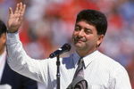 SAN FRANCISCO - SEPTEMBER 10:  San Francisco 49ers owner Eddie Debartolo speaks to the fans during the 49ers home opener against the Atlanta Falcons at Candlestick Park on September 10, 1995 in San Francisco, California.  The 49ers won 41-10.  (Photo by George Rose/Getty Images)
