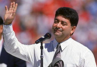 SAN FRANCISCO - SEPTEMBER 10:  San Francisco 49ers owner Eddie Debartolo speaks to the fans during the 49ers home opener against the Atlanta Falcons at Candlestick Park on September 10, 1995 in San Francisco, California.  The 49ers won 41-10.  (Photo by George Rose/Getty Images)