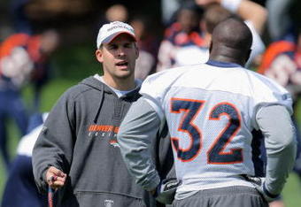 ENGLEWOOD, CO - MAY 03:  Head coach Josh McDaniels of the Denver Broncos chats with running back LaMont Jordan #32 during minicamp at the Broncos training facility on May 3, 2009 in Englewood, Colorado.  (Photo by Doug Pensinger/Getty Images)