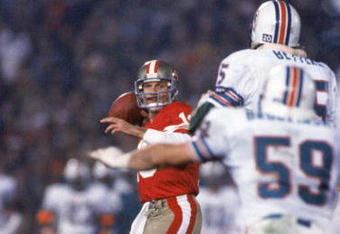 STANFORD, CA - JANUARY 20:  Quarterback Joe Montana #16 of the San Francisco 49ers throws a pass in Super Bowl XIX against the Miami Dolphins at Stanford Stadium on January 20, 1985 in Stanford, California. The 49ers won 38-16. (Photo by George Rose/Getty Images)