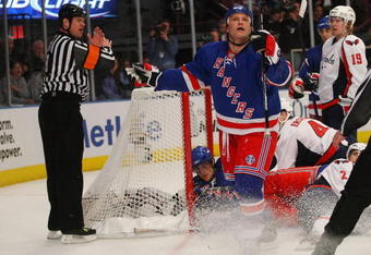 NEW YORK - APRIL 20: Sean Avery #16 of the New York Rangers reacts to a penalty call by referee Dave Jackson #8 in the game against the Washington Capitals in Game Three of the Eastern Conference Quarterfinal Round of the 2009 NHL Stanley Cup Playoffs at Madison Square Garden on April 20, 2009 in New York City. The Capitals defeated the Rangers 4-0. (Photo by Bruce Bennett/Getty Images)