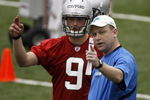 ALLEN PARK, MI - MAY 01:  Offensive coordinator Scott Linehan of the Detroit Lions talks with Matthew Stafford #9 during rookie orientation camp at the Detroit Lions Headquarters and Training Facility on May 1, 2009 in Allen Park, Michigan.  (Photo by Gregory Shamus/Getty Images)