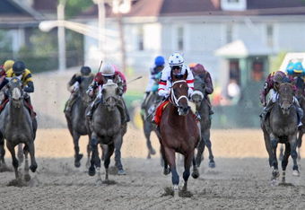 BALTIMORE - MAY 17: Jockey Kent Desormeaux riding Big Brown approaches finish line to win the 133rd Preakness Stakes on May 17, 2008 at Pimlico Race Course in Baltimore, Maryland. (Photo by Drew Hallowell/Getty Images)