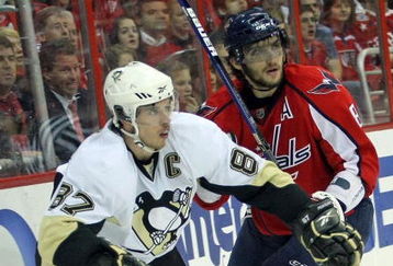 WASHINGTON - MAY 13:  Alex Ovechkin #8 of the Washington Capitals skates against Sidney Crosby #87 of the Pittsburgh Penguins during Game Seven of the Eastern Conference Semifinal  Round of the 2009 Stanley Cup Playoffs at Verizon Center on May 13, 2009 in Washington, DC.The Penguins defeated the Capitals 6-2 to move into the semifinals.  (Photo by Bruce Bennett/Getty Images)