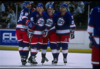 14 Apr 1996:  The Winnipeg Jets celebrate during a game against the Anaheim Mighty Ducks at Arrowhead Pond in Anaheim, California.  The Ducks won the game, 5-2. Mandatory Credit: Glenn Cratty  /Allsport