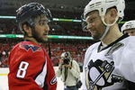 WASHINGTON - MAY 13: Alex Ovechkin #8 of the Washington Capitals and Sergei Gonchar #55 of the Pittsburgh Penguins shake hands after Pittsburgh's 6-2 victory in Game Seven of the Eastern Conference Semifinal Round of the 2009 Stanley Cup Playoffs at Verizon Center May 13, 2009 in Washington, DC.  (Photo by Bruce Bennett/Getty Images)