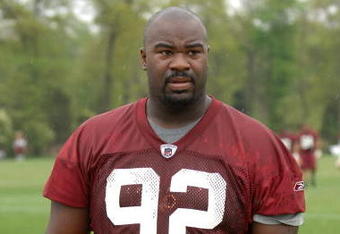 ASHBURN, VA - MAY 1:  Albert Haynesworth #92 of the Washington Redskins walks off the field after minicamp on May 1, 2009 at Redskins Park in Ashurn, Virginia.   (Photo by Mitchell Layton/Getty Images)
