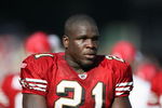 SAN FRANCISCO - NOVEMBER 16:  Frank Gore #21 of the San Francisco 49ers looks on during the game against the St. Louis Rams on November 16, 2008 at Candlestick Park in San Francisco, California. (Photo by Jed Jacobsohn/Getty Images)