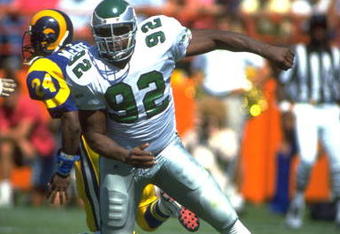 23 SEP 1990:  PHILADELPHIA EAGLES DEFENSIVE END REGGIE WHITE  IS IN PURSUIT OF THE LOS ANGELES RAMS QUARTERBACK DURING THE EAGLES 27-21 VICTORY OVER THE RAMS AT ANAHEIM STADIUM IN ANAHEIM, CALIFORNIA.