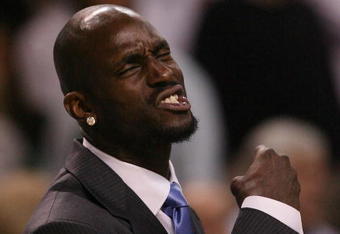 BOSTON - MAY 04:  Kevin Garnett of the Boston Celtics reacts after a foul called against a teammate in the fourth quarter against the Orlando Magic in Game One of the Eastern Conference Semifinals during the 2009 NBA Playoffs at TD Banknorth Garden on May 4, 2009 in Boston, Massachusetts. The Magic defeated the Celtics 95-90. NOTE TO USER: User expressly acknowledges and agrees that, by downloading and or using this photograph, User is consenting to the terms and conditions of the Getty Images License Agreement.  (Photo by Elsa/Getty Images)