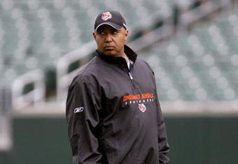CINCINNATI, OH - MAY 1:  Head coach Marvin Lewis of the Cincinnati Bengals watches practice during rookie minicamp at Paul Brown Stadium on May 1, 2009 in Cincinnati, Ohio.  (Photo by Mark Lyons/Getty Images)
