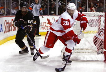 ANAHEIM, CA - MAY 12:  Brian Rafalski #28 of the Detroit Red Wings controls the puck against Rob Niedermayer #44 of the Anaheim Ducks during Game Six of the Western Conference Semifinal Round of the 2009 Stanley Cup Playoffs at the Honda Center on May 12, 2009 in Anaheim, California. (Photo by Jeff Gross/Getty Images)