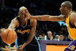 LOS ANGELES, CA - APRIL 09:  Chauncey Billups #7 of the Denver Nuggets has his vision blocked by Kobe Bryant #24 of the Los Angeles Lakers at Staples Center on April 9, 2009 in Los Angeles , California.   (Photo by Kevork Djansezian/Getty Images) NOTE TO USER: User expressly acknowledges and agrees that, by downloading and/or using this Photograph, user is consenting to the terms and conditions of the Getty Images License Agreement. 