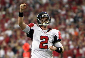 GLENDALE, AZ - JANUARY 03:  Quarterback Matt Ryan #2 of the Atlanta Falcons celebrates after Michael Turner (not pictured) scored a rushing touchdown against the Arizona Cardinals during the second quarter of the NFC Wild Card Game on January 3, 2009 at University of Phoenix Stadium in Glendale, Arizona.  (Photo by Jed Jacobsohn/Getty Images)