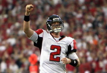 GLENDALE, AZ - JANUARY 03:  Quarterback Matt Ryan #2 of the Atlanta Falcons celebrates after Michael Turner (not pictured) scored a rushing touchdown against the Arizona Cardinals during the second quarter of the NFC Wild Card Game on January 3, 2009 at University of Phoenix Stadium in Glendale, Arizona.  (Photo by Jed Jacobsohn/Getty Images)
