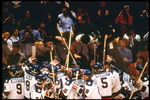 22 Feb 1980:  The USA Team celebrates their 4-3 victory over Russia in the semi-final of the Ice Hockey competition of the 1980 Winter Olympic Games in Lake Placid, USA.  The game was dubbed 'The Miracle on Ice', and the USA went on to win the gold medal