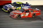 DARLINGTON, SC - MAY 09:  Jimmie Johnson, driver of the #48 Lowe's Chevrolet, races Kasey Kahne, driver of the #9 Budweiser Dodge, during the NASCAR Sprint Cup Series Southern 500 on May 9, 2009 at Darlington Raceway in Darlington, South Carolina.  (Photo by John Harrelson/Getty Images)