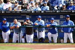 KANSAS CITY, MO - APRIL 27: Tthe Kansas City Royals looks on from the dugout during the MLB game against the Toronto Blue Jays on April 27, 2008 at Kauffman Stadium in Kansas City, Missouri. (Photo by G. Newman Lowrance/Getty Images)