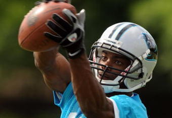 CHARLOTTE,NC- MAY 1: Rookie Jason Chery #18 of the Carolina Panthers catches some balls as he puts in some extra time after the minicamp practice at the team's practice facility on May 1, 2009 in Charlotte, North Carolina. (Photo by Steve Dykes/Getty Images)