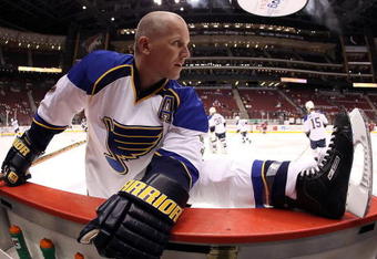 GLENDALE, AZ - APRIL 07:  Keith Tkachuk #7 of the St. Louis Blues warms up before the NHL game against the Phoenix Coyotes at Jobing.com Arena on April 7, 2009 in Glendale, Arizona. The Blues defeated the Coyotes 5-1.  (Photo by Christian Petersen/Getty Images)