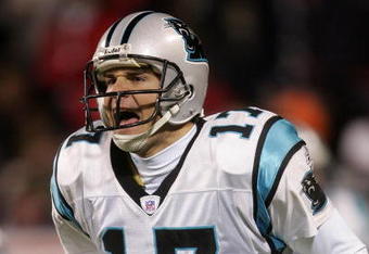 CHICAGO - JANUARY 15:  Quarterback Jake Delhomme #17 of the Carolina Panthers celebrates a touchdown agaisnt the Chicago Bears in the NFC Divisional playoff game at Soldier Field on January 15, 2006 in Chicago, Illinois.  (Photo by Nick Laham/Getty Images)