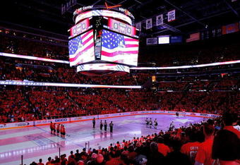 WASHINGTON - MAY 04:  General view of the on ice display of an American Flag during the National Anthem prior to the start of a NHL game between the Washington Capitals and the Pittsburgh Penguins during Game Two of the Eastern Conference Semifinal Round of the 2009 Stanley Cup Playoffs on May 4, 2009 at the Verizon Center in Washington,  DC.  (Photo by Len Redkoles/Getty Images)