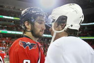 WASHINGTON - MAY 13:  Alex Ovechkin #8 of the Washington Capitals and Sidney Crosby #87 of the Pittsburgh Penguins shake hands after Pittsburgh's 6-2 victory in Game Seven of the Eastern Conference Semifinal  Round of the 2009 Stanley Cup Playoffs at Verizon Center on May 13, 2009 in Washington, DC.  (Photo by Bruce Bennett/Getty Images)