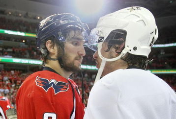 WASHINGTON - MAY 13:  Alex Ovechkin #8 of the Washington Capitals and Sidney Crosby #87 of the Pittsburgh Penguins shake hands after Pittsburgh's 6-2 victory in Game Seven of the Eastern Conference Semifinal  Round of the 2009 Stanley Cup Playoffs at Verizon Center on May 13, 2009 in Washington, DC.  (Photo by Bruce Bennett/Getty Images)