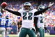 EAST RUTHERFORD, NJ - JANUARY 11: Asante Samuel #22 of the Philadelphia Eagles celebrates after intercepting a ball against the New York Giants during the NFC Divisional Playoff Game on January 11, 2009 at Giants Stadium in East Rutherford, New Jersey. (Photo by Al Bello/Getty Images)